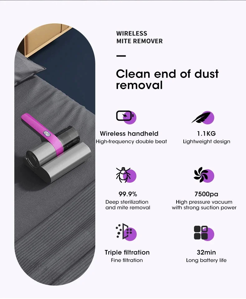 Electric Uv Mite Removal Wireless Cleaner Mite Vacuum Cleaners Removal Vacuum Cleaner for Sofas and Mattresses Bedding Cleaner