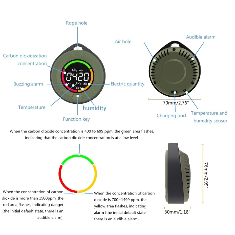 Portable Carbon Dioxide Meter with Temperature Humidity Detector Alarm Digital Carbon Dioxide Alarm for Home Warehouse