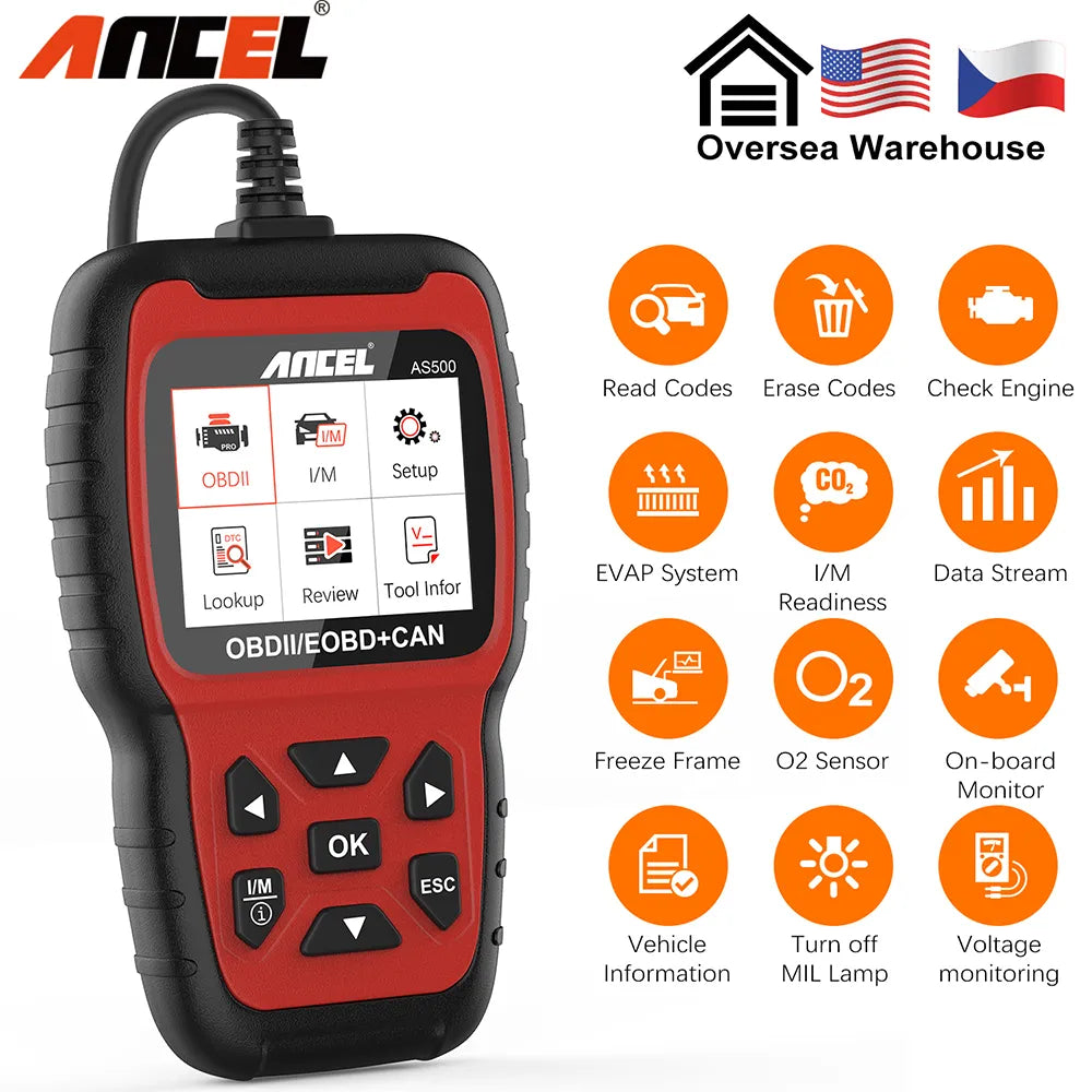 ANCEL AS500 OBD2 Scanner Multilingual Engine Code Reader OBDII Car Diagnostics Tool Automotive Scanner  Free Update PK KW850