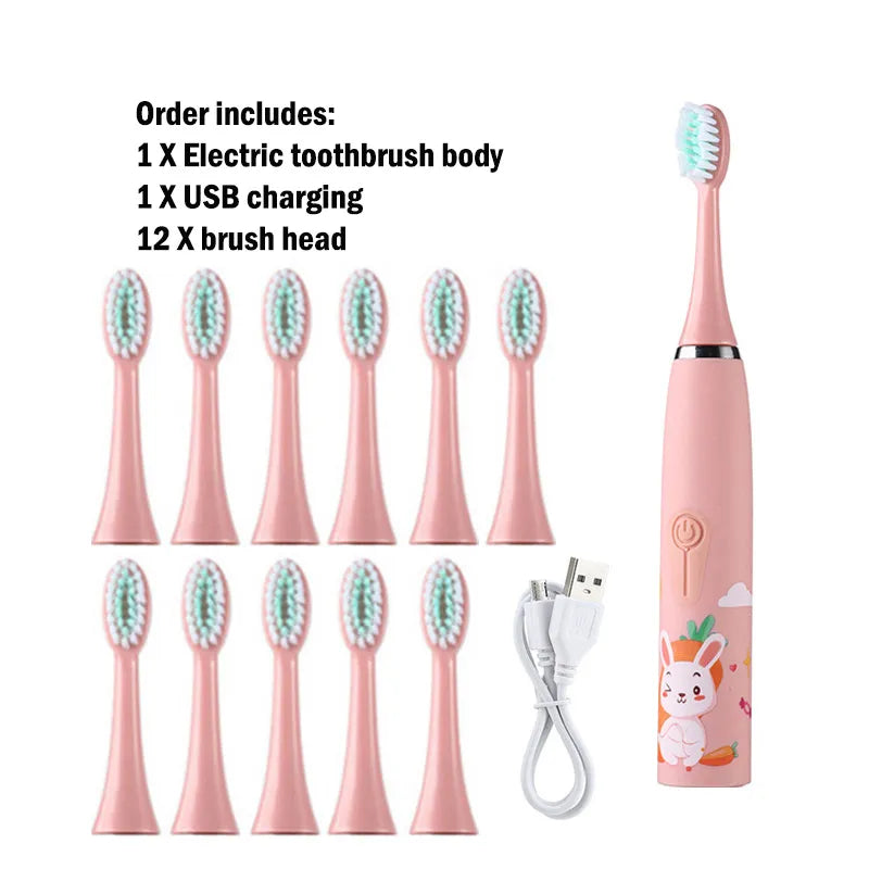 Sonic Children Electric Toothbrush With 12pcs Brush Heads IPX7 Waterproof Ultrasonic Rechargeable Timer Soft Hair Cleaning Brush