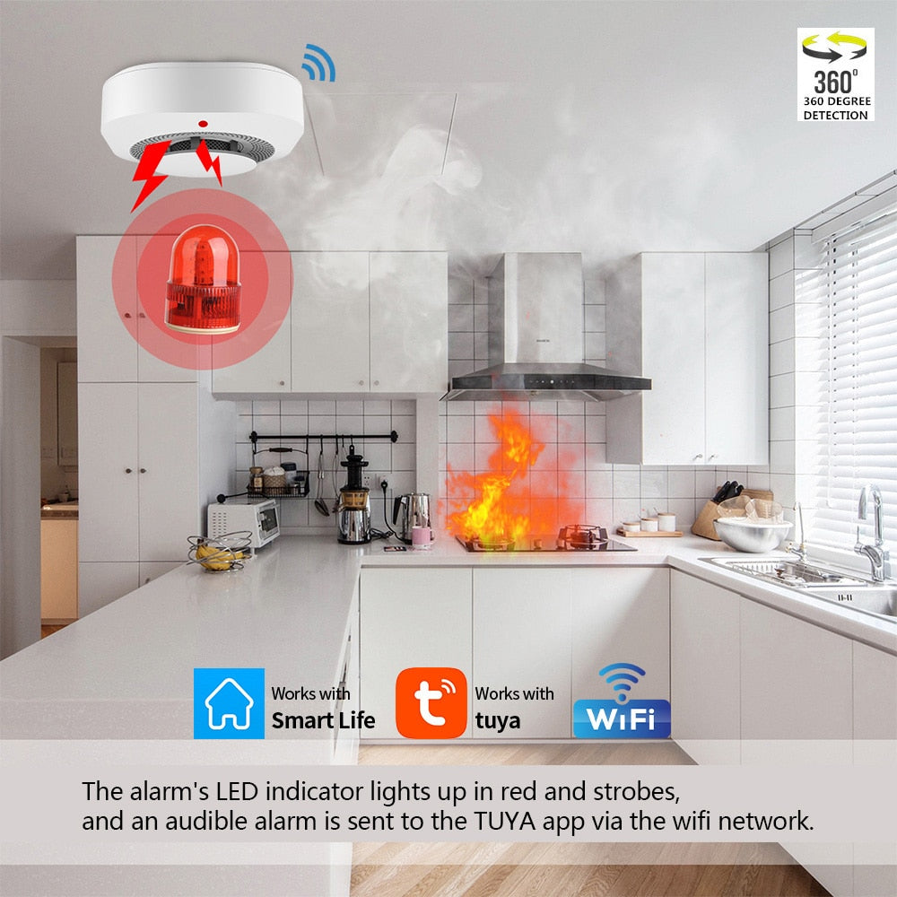 Tuya Smart Life WiFi Function Family Parlor Child Room Home Kitchen Smoke Detector PIR Sound Alarm Sensor Shop Fire Inspection