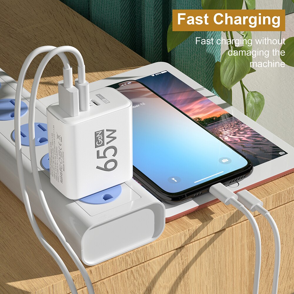65W GaN Fast Charger Adapter Type C PD Quick Charge Mobile Phone Wall Charger Multiple Charging Ports for IPhone Huawei Xiaomi
