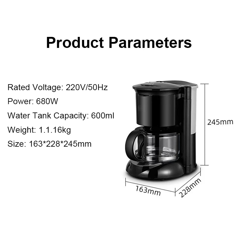 Semi-automatic Electric Latte Espresso Drip Coffee Maker 0.6L Mini Brew Tea Pot Boiler Moka American Cafe Powder Machine Cup EU
