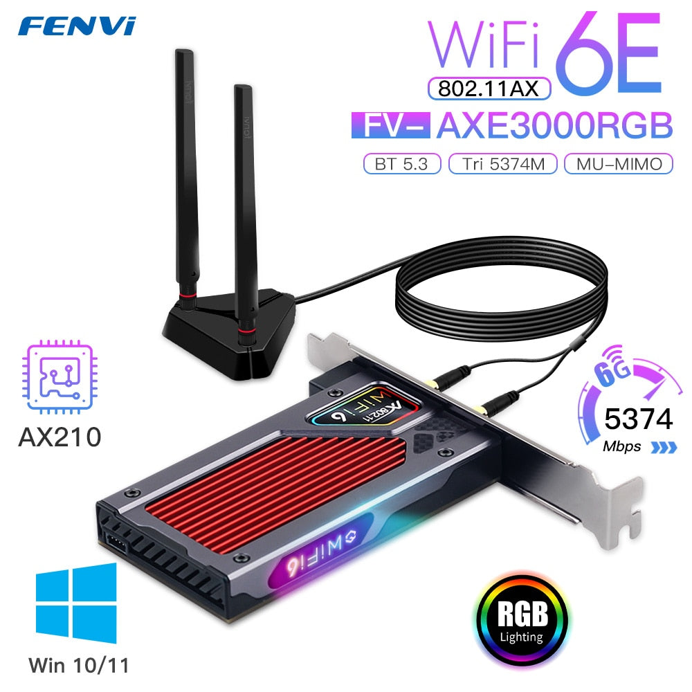 Fenvi FV-AXE3000 Wi-Fi 6E AX210 Bluetooth 5.3 Wireless 5374Mbps 2.4G/5GHz/6G WiFi 802.11AX/AC PCIExpress Network Card Adapter PC