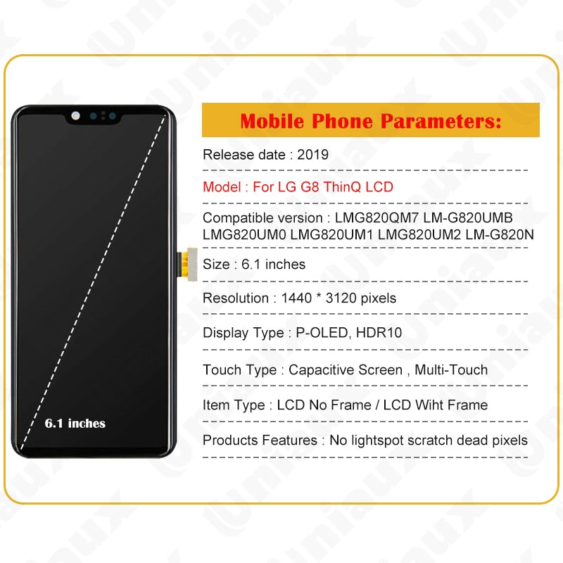 6.1” Original AMOLED For LG G8 ThinQ G820 LCD Display With Frame Touch Screen Digitizer Assembly For LG G8 LCD Screen