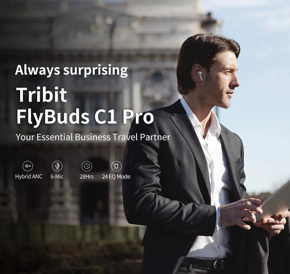 Tribit FlyBuds C1 Pro True Wireless Earbuds, Hybrid Noise Cancelling Bluetooth Earphones 6Mics Hearing Compensation 36H Playtime