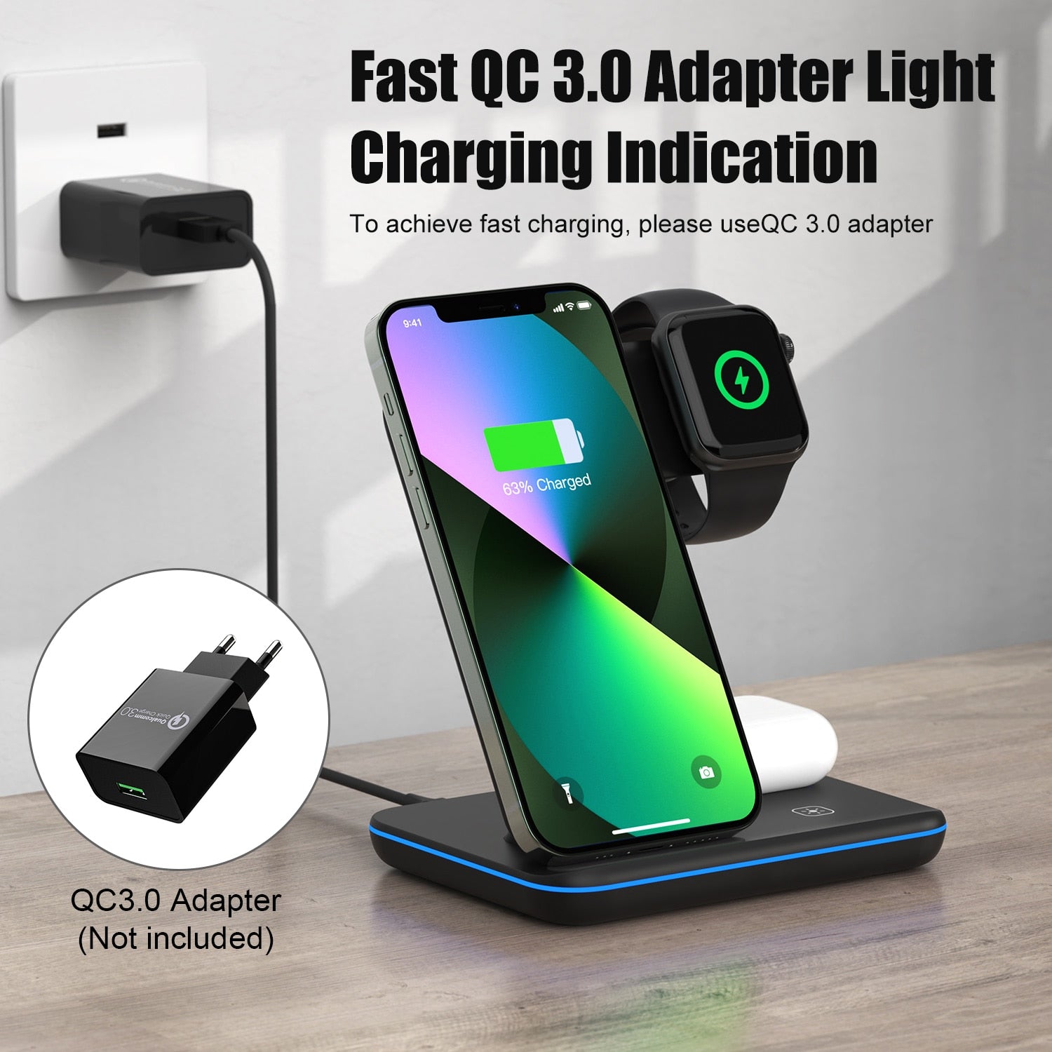 3 in 1 Wireless Charger Stand 15W Qi Fast Charging Dock Station for Apple Watch iWatch S8 AirPods Pro For iPhone 14 13 12 XS XR