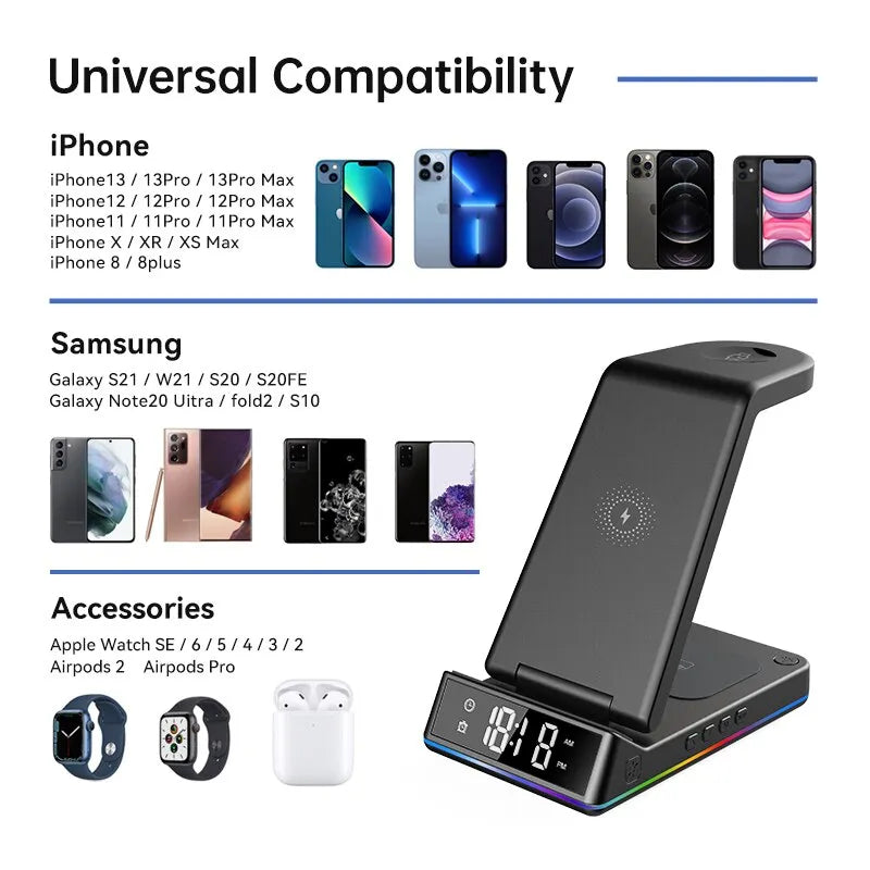 5 In 1 15W Foldable Wireless Charger Stand RGB LED Clock Fast Charging Station Dock for iPhone Samsung Galaxy Watch 5/4 S22 S21