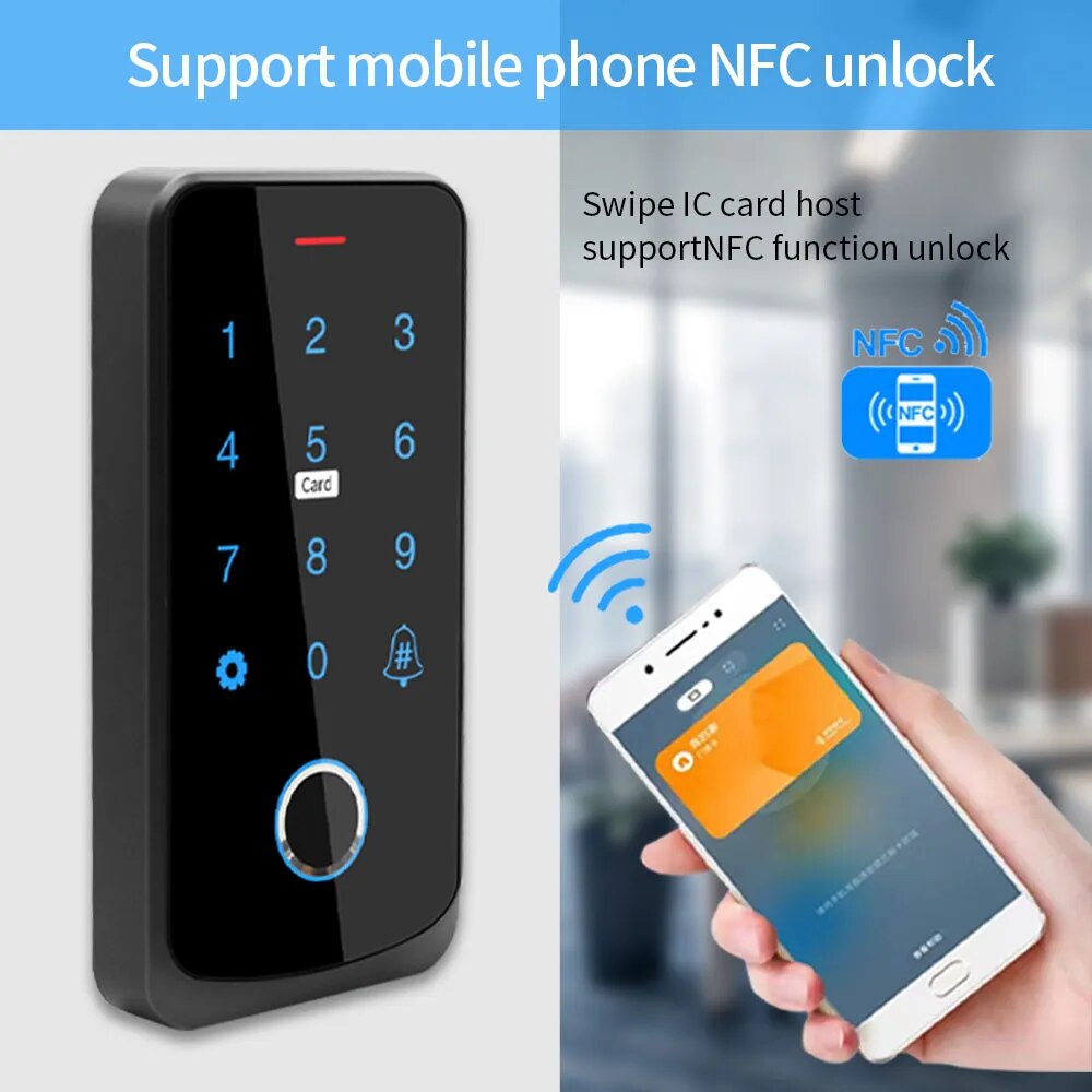 NFC Bluetooth Tuya App RFID IC M1 Access Control Keypad IP65 Waterproof Biometric Fingerprint Touch Screen Access Controller