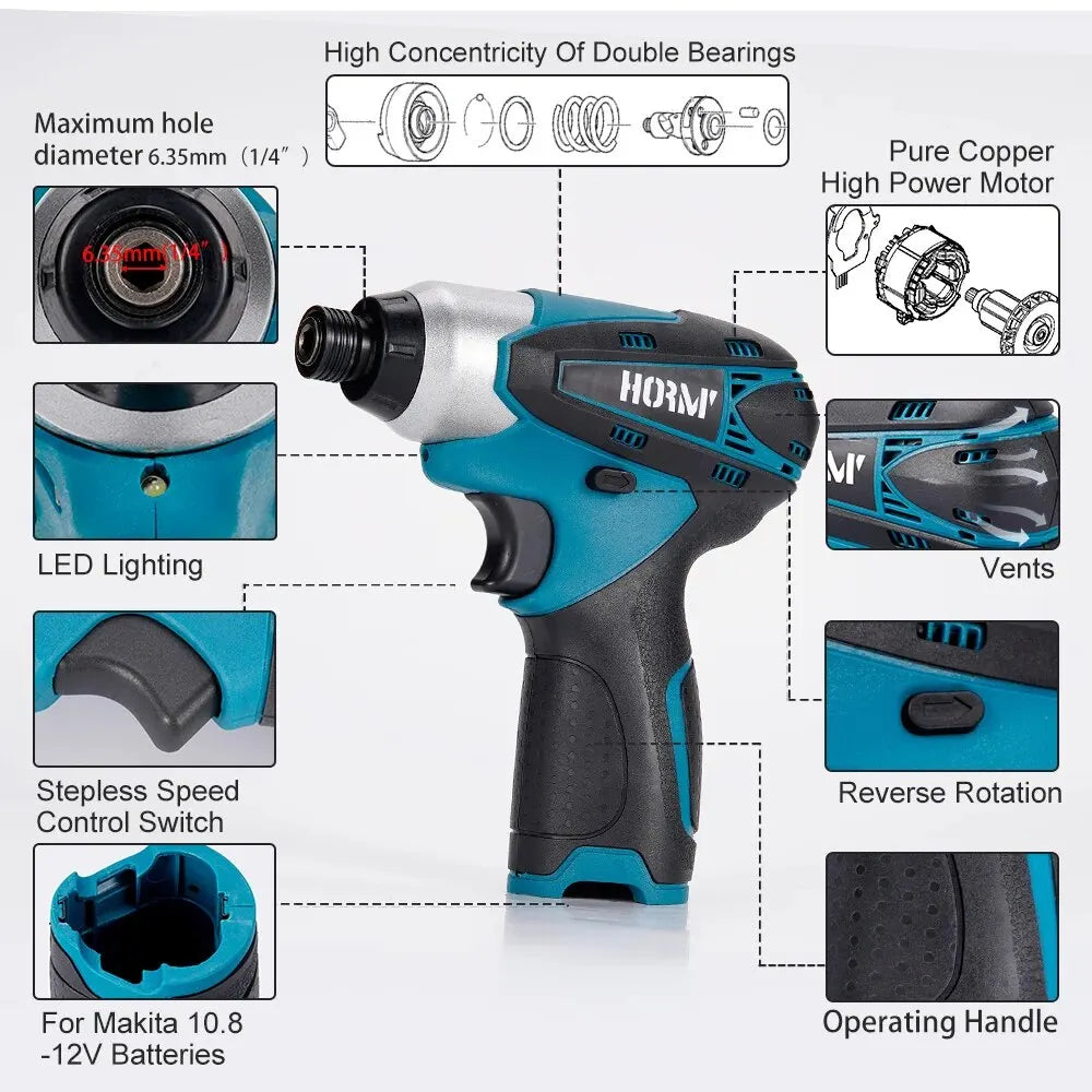 Compact 12V Electric Screwdriver 2500RPM 100N.m Cordless Impact Driver All-Copper Motor Compatible For Makita 10.8V Battery