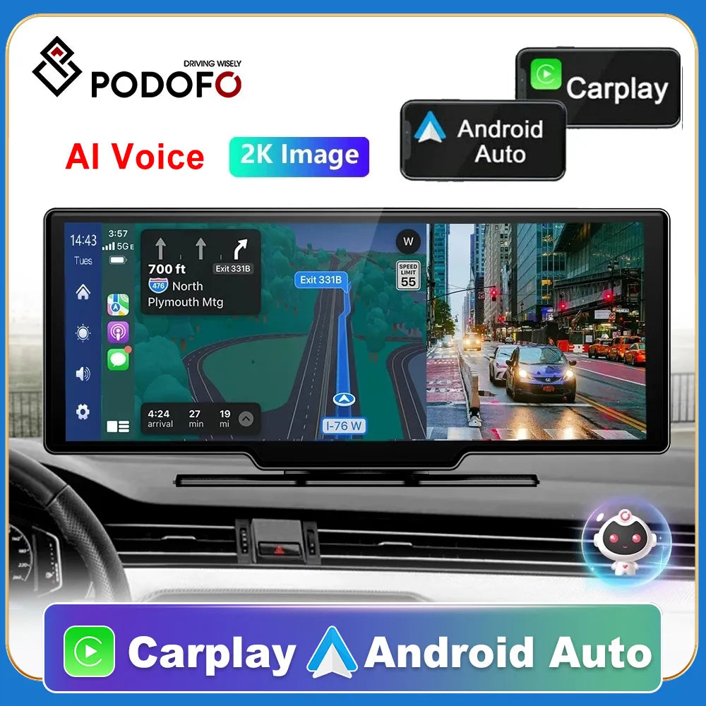 Podofo Car Mirror Video Recording Carplay & Android Auto Wireless Connection GPS Navigation Dashboard DVR AI Voice