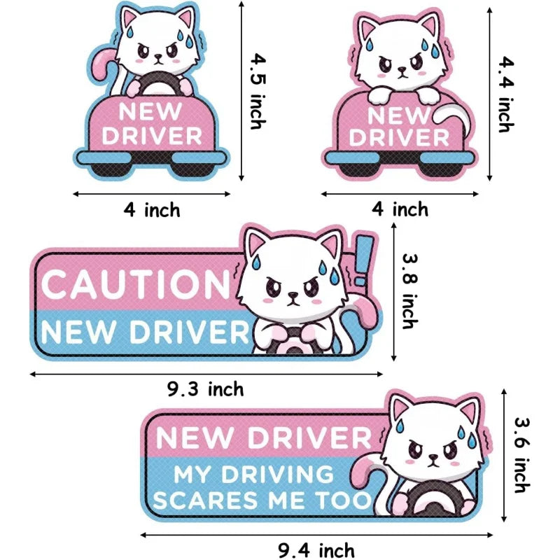 4pcs Cartoon Cat Student Driver Car Magnet Cute New Sign for Reflective Sticker Gift Teen Reusable  Bumper Safety