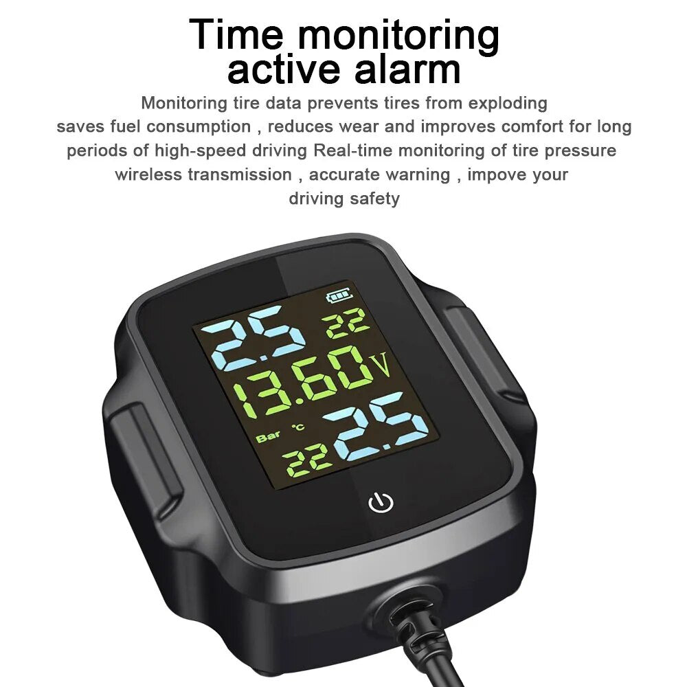 TPMS Motorcycle Tire Pressure Monitoring System With 2 Exteral Sensors Smart Tyre Alarm Kit Universal Motorbike Accessories