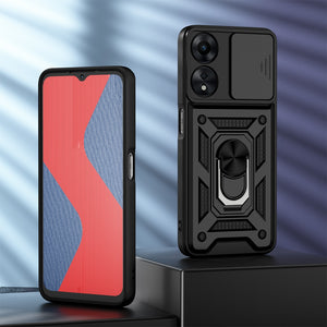 KEYSION Shockproof Armor Case for OPPO A78 5G Slide Camera Lens Protection Ring Stand Phone Back Cover for OPPO A58 5G A58X 5G