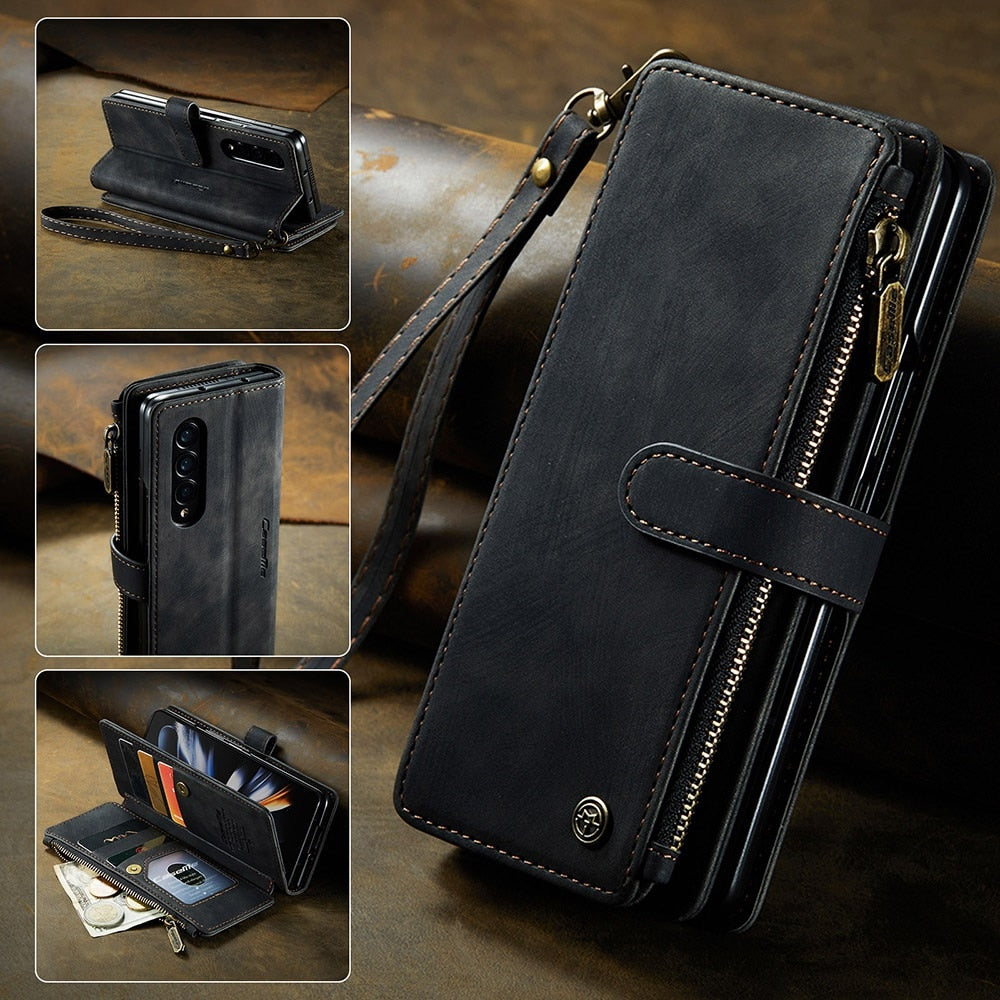 Retro Matte Wallet Leather Case for Samsung Galaxy Z Fold4 Flip Cover Z Fold3 5G Z Fold 4 3 Lanyard Wristlet Storage Portable