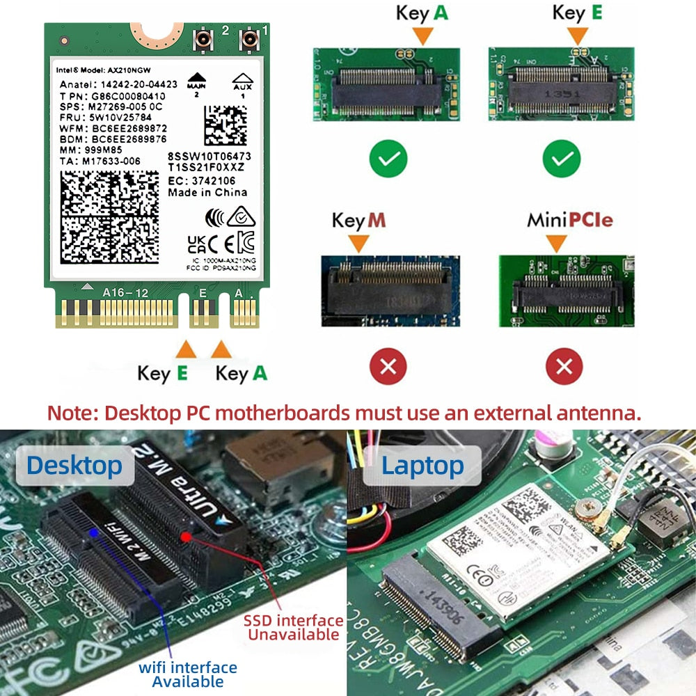 AX210NGW WiFi Card WiFi6E 6GHz Tri-Band Network Card Bluetooth 5.3 intel AX210 AX200 AC8265 Wireless Module for Laptop M.2 NGFF