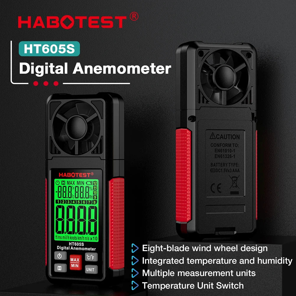 Digital Handheld Anemometer LCD Backlight Display Air Flow Velocity Tester Temperature Humidity Meter for Measuring Wind Speed
