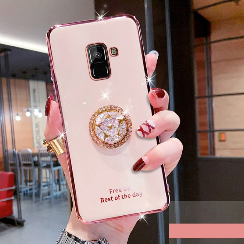 For Samsung Galaxy A5 A8 Plus A6 Plus J8 2018 Electroplated  Phone Case Bling Crystal Holder Cover Soft TPU Back Cover