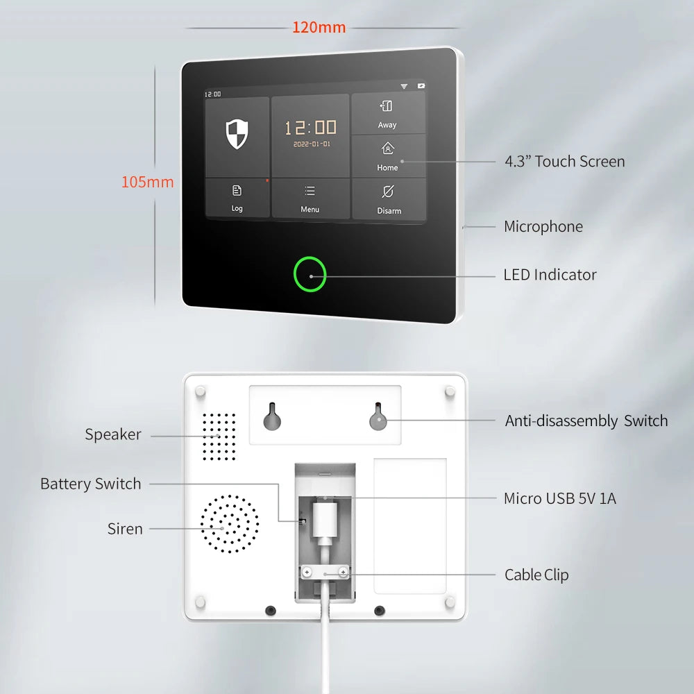Staniot WiFi SecPanel 5 Wireless Home Alarm System Tuya Smart 4.3" Touch Screen Security Kit Built-in Siren APP Remote Control