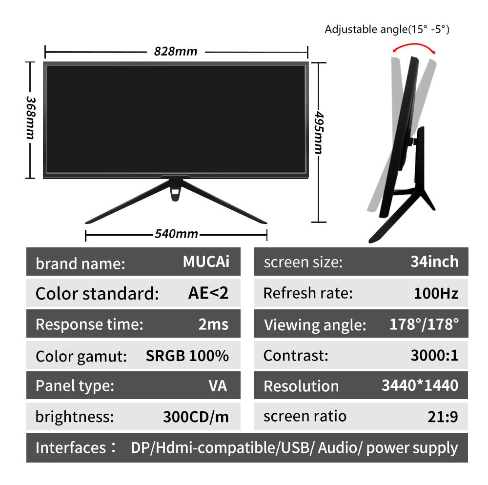 MUCAI 34 Inch Monitor 100Hz Wide Display 21:9 WQHD Desktop LED Game Console Computer Screen No Curved DP/3440 * 1440