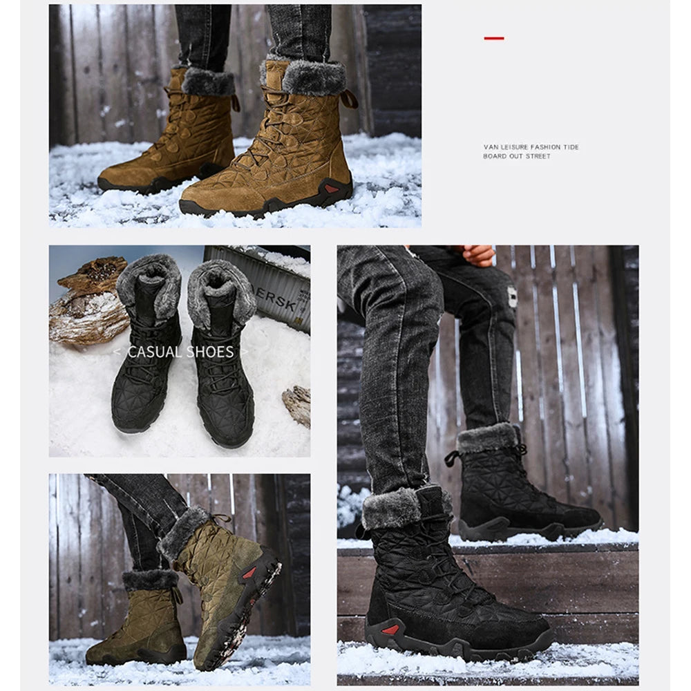 Motorcycle Winter Snow Boots Thickened Thermal Plush Boots Waterproof Outdoor Hiking Shoes Cow Leather Warm Skiing For Men