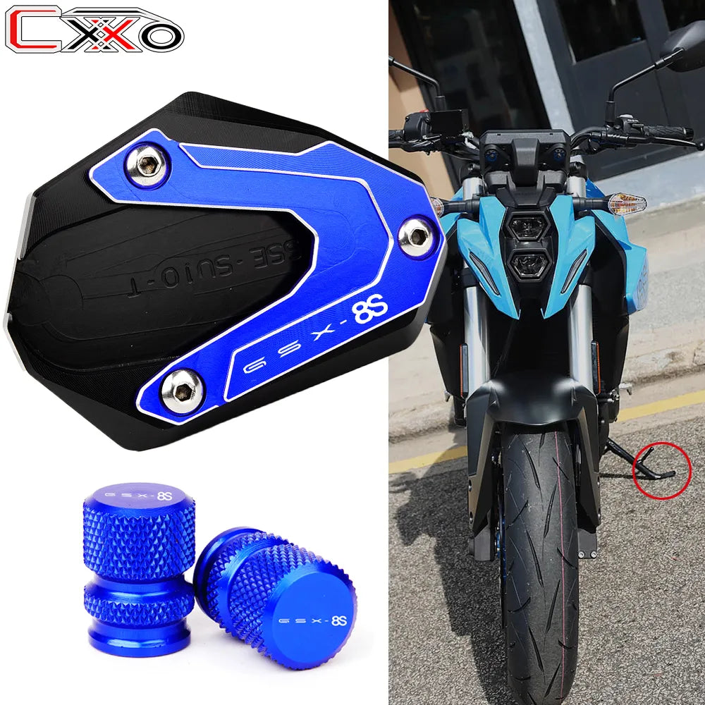 CNC Alumium Motorcycle Kickstand Extension Foot Side Stand Enlarge Pad For Suzuki GSX-8S GSX8S GSX 8S 2023 Tire Valve Caps