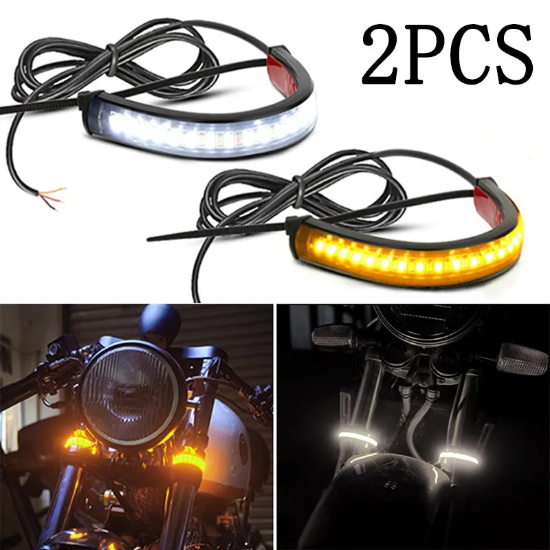 2Pcs 12V LED Ring Fork Strip Lamp Flashing Blinker Motorcycle Turn Signal Light & DRL Amber White Moto Flasher Auto Accessories