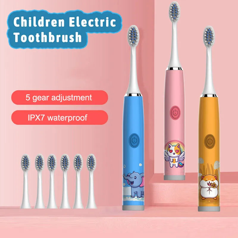 Child's USB Sonic  Electric Toothbrush Rechargeable Colorful Cartoon Brush Kids Automatic IPX7 Waterproof With Replacement Heads