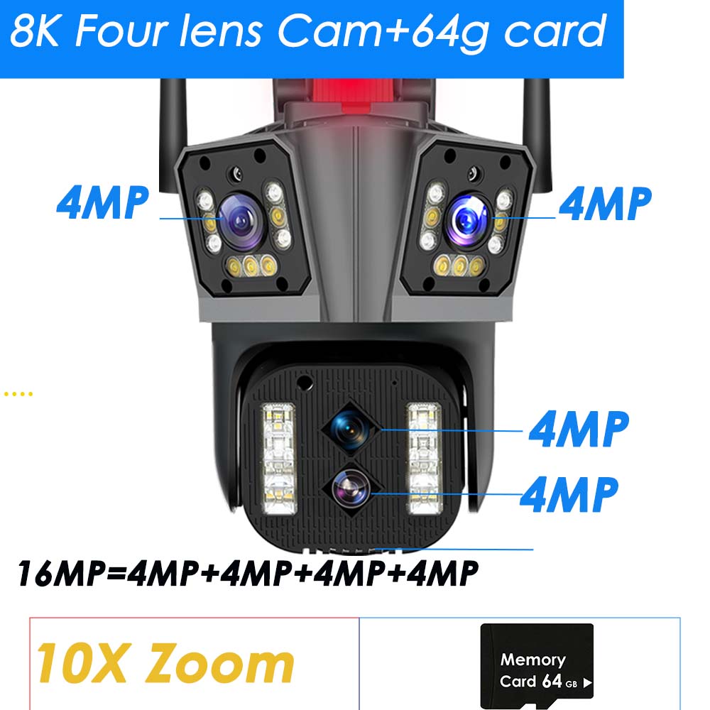 16MP 8K WiFi IP Camera 10X Zoom 4K Outdoor Security Camera Surveillance AI Track Four Lens Three Screen Mini Street Camera 360°