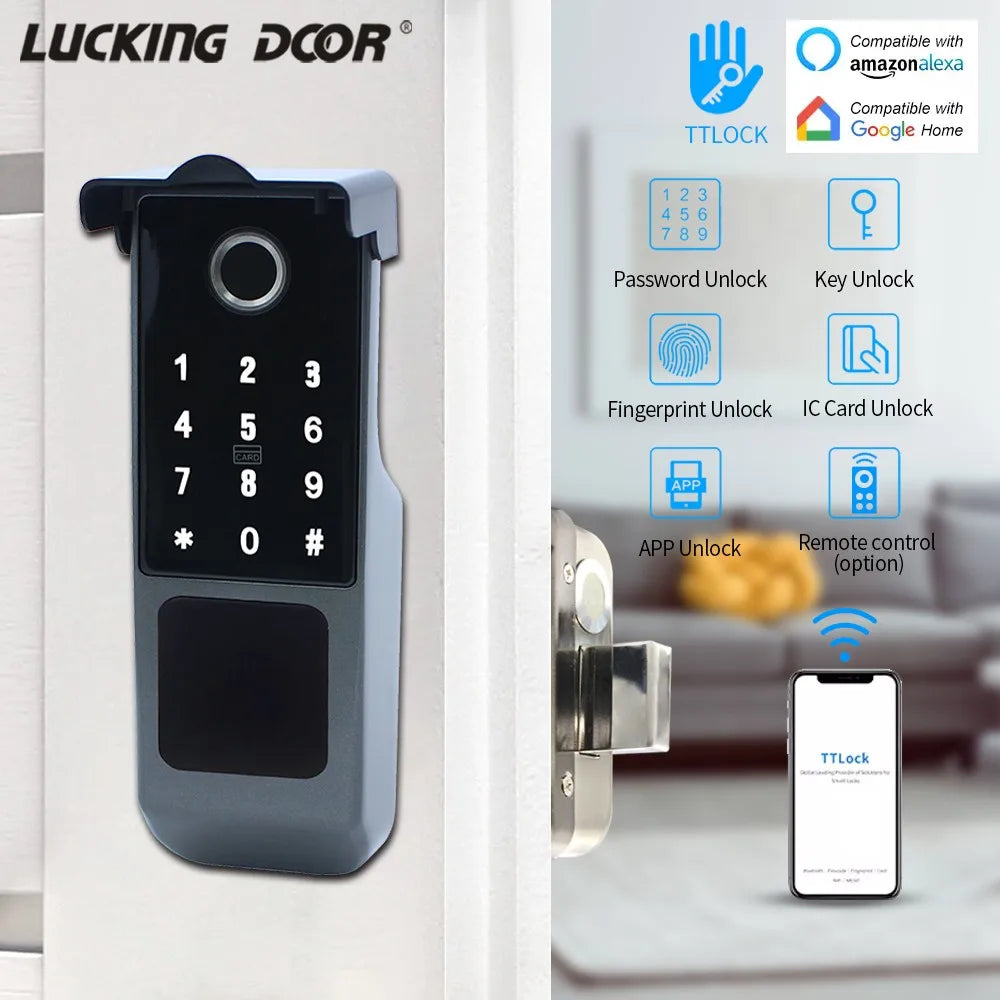 Waterproof TTLOCK Smart Bluetooth Fingerprint Rim Lock IC Card Electronic Lock Intelligent Door Lock work with Google Alexa Echo