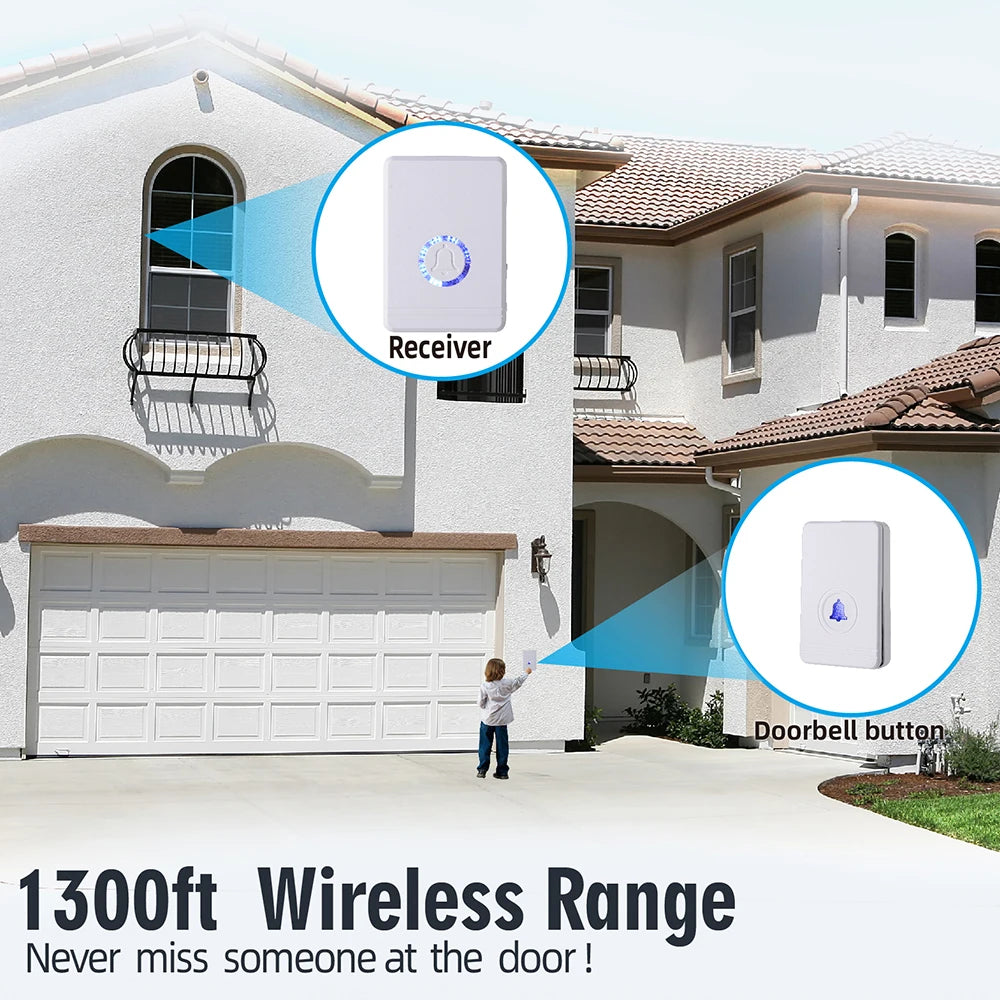 Outdoor Wireless Doorbell 1300ft/396m Security Alarm Welcome Chime Bell Kit 48 Ringtones 97db IP66 Waterproof Door Bell