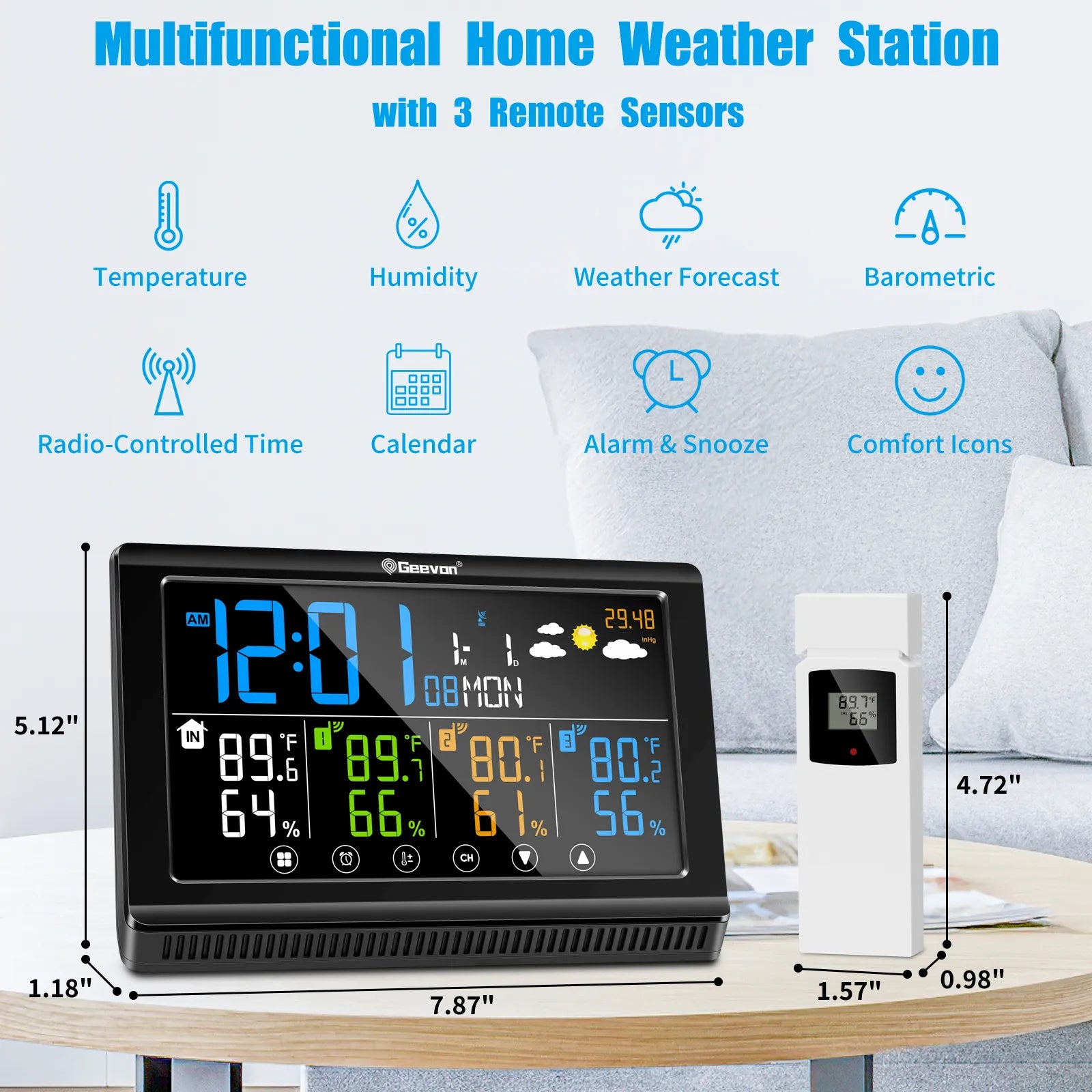 Geevon Weather Stations Wireless Indoor Outdoor Multiple Sensors, Large Color Display Weather Thermometer With USB Charge