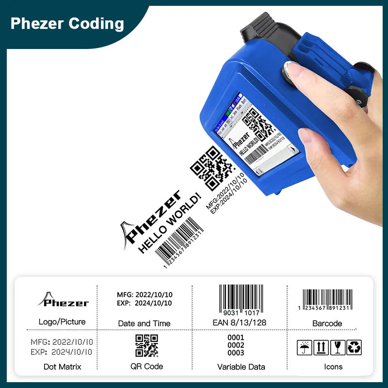 Phezer PC11 Portable Printer QR Bar Batch Code Date Number Logo Expiry Date T-shirts 12.7mm Handheld Inkjet Printer Label Mini