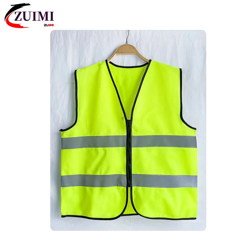 High Visibility Safety Vest with Reflective Strips with Zipper Front, High Visibility and Safety, Breathable Polyester Material