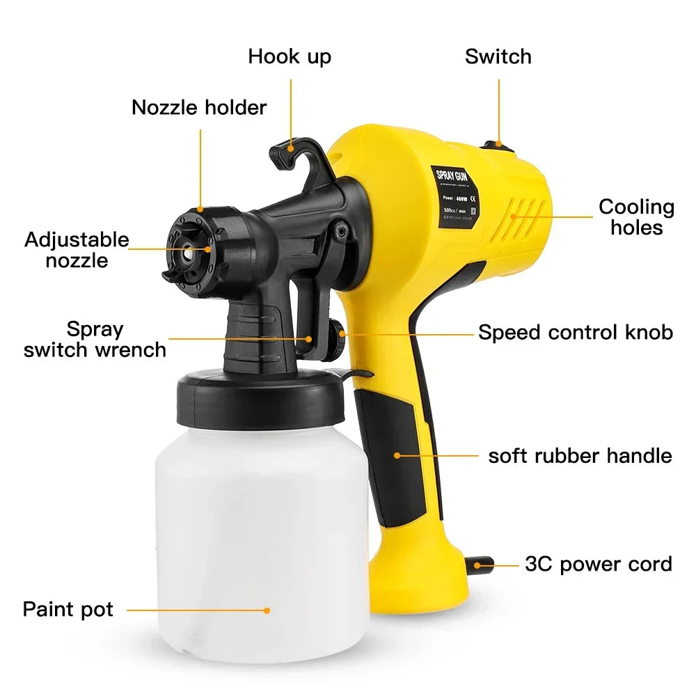 800ML 500W Electric Spray Gun Latex Paint Sprayer Auto Furniture Steel Coating Airbrush