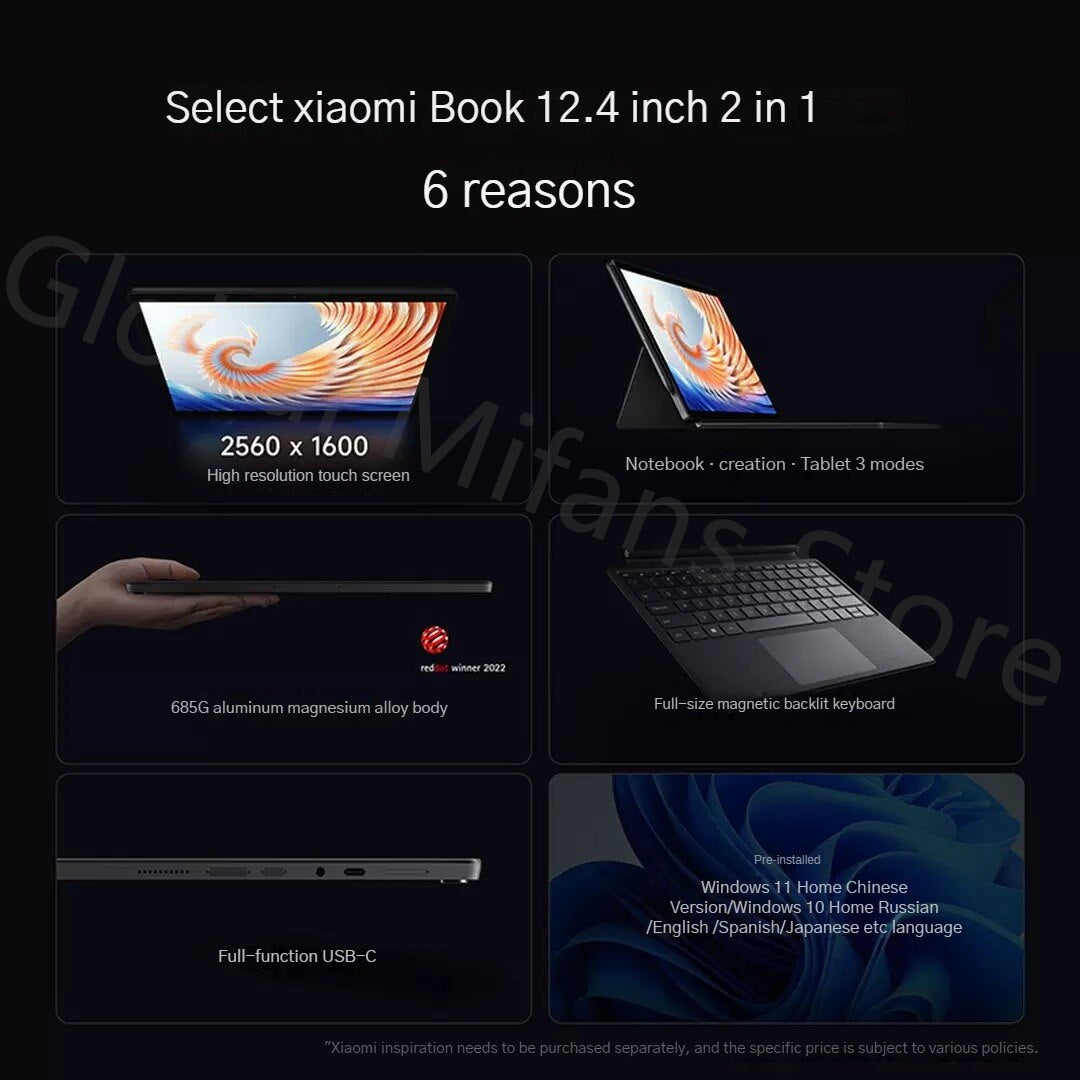 Xiaomi Book 12.4" 2 in 1 Laptop Snapdragon 8CX Gen 2 Processor 8GB DDR4+256GB SSD 2.5K Touch Screen Notebook Windows10 Tablet PC