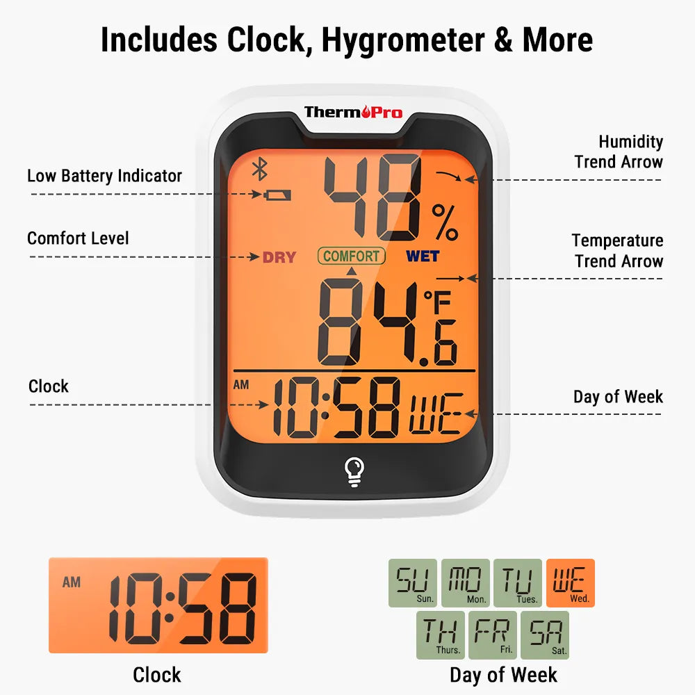 ThermoPro TP358 Backlight Bluetooth-contected APP Digit Weather Station Indoor Thermometer Hygrometer For Home With Clock & Day
