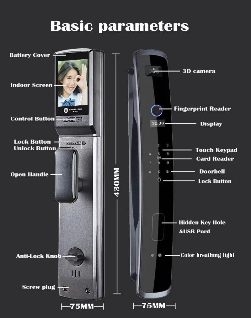 3d Face Recognition Fingerprint Waterproof Smart Door Lock Wifi Remote Photo Control Unlocking with App Key Nfc Card Rfid
