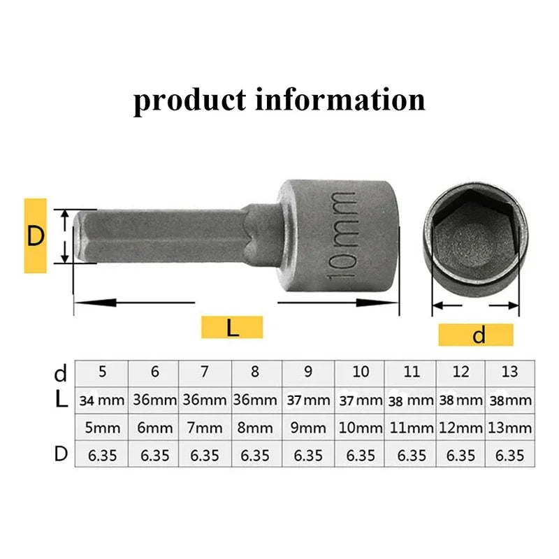 9pcs 5-13mm Hexagon Nut Driver Drill Bit Socket Screwdriver Wrench Set Adapter for Electric Screwdriver Handle Tool