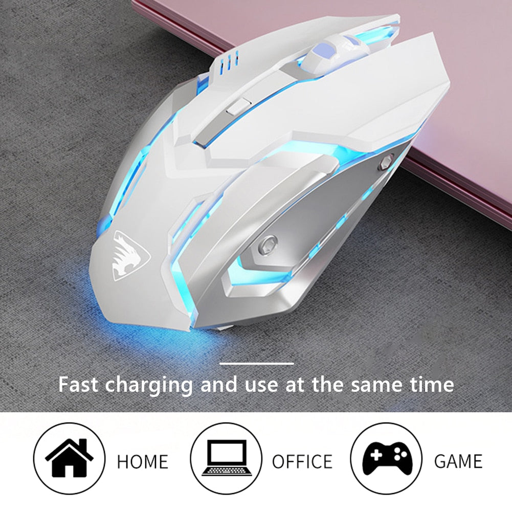 Wireless Silent Mute Gaming Mouse 1600 DPI Optical LED Backlit USB Rechargeable Mice 6 Buttons Design For PC Laptop