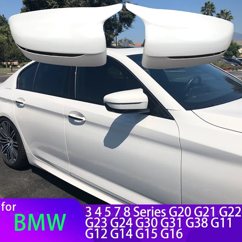 White Side Mirror Covers Cap  Carbon Fiber Glossy For BMW 3 4 5 7 8 Series G11 G12 G14 G15 G16 G22 G23 G24 G30 G31 G38 G20 G28