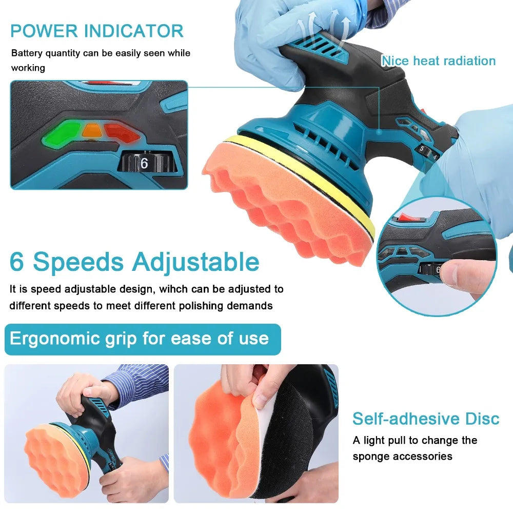 Electric Cordless Car Polisher 6 Gear Speed Adjustable 21V Electric Auto Polishing Machine Home Cleaning Waxing Sanding Machine