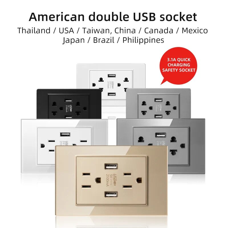 Herepow 118 Series Thailand American Standard Dual USB Wall Socket Smart Home Appliance Plug Adapter Type-c 3.1A Fast Charging