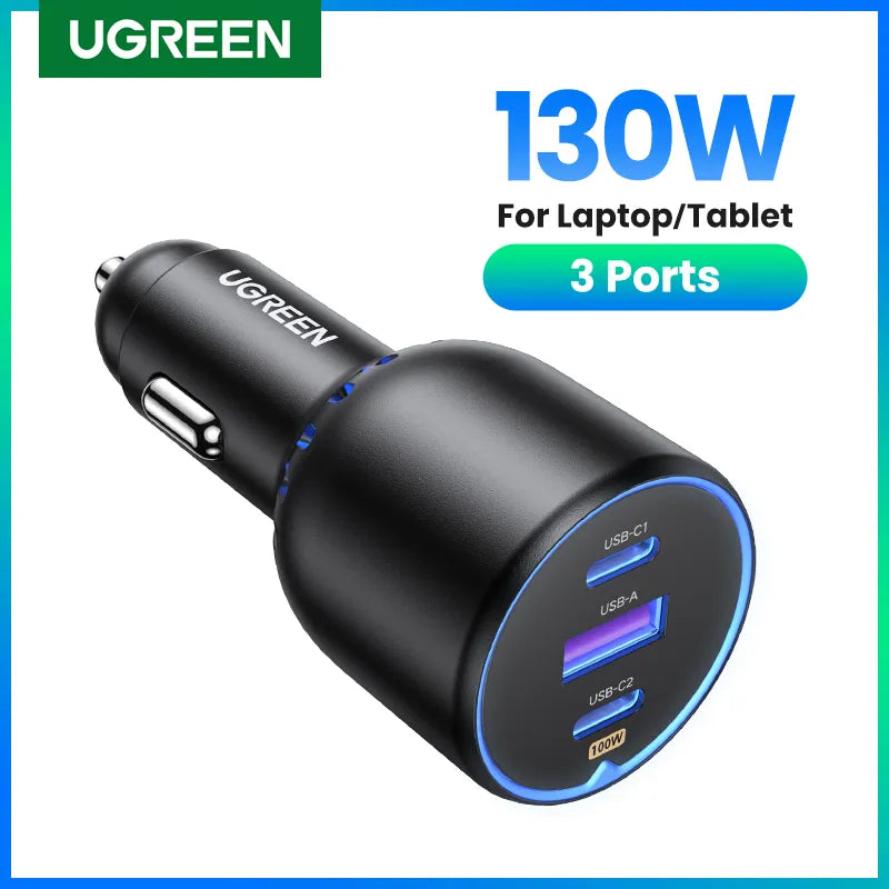 UGREEN 130W Car Charger Quick Charging PD Fast Charging USB Type C Phone Charge For iPhone 15 14 Laptop Tablet