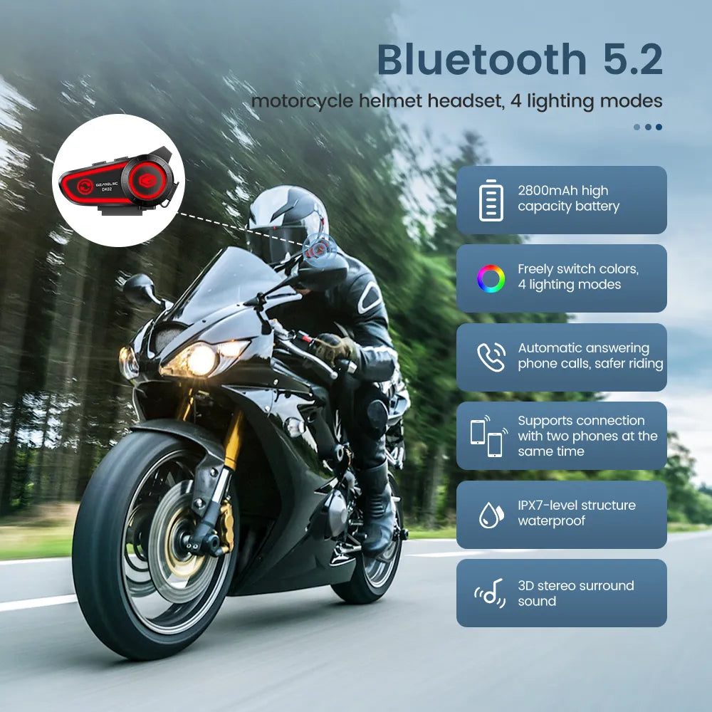 GEARELEC DK02 Motorcycle Helmet Headset Stereo Bluetooth Hands Free Call IPX7 Waterproof 2800mAh With Tri-Color Ambient Light