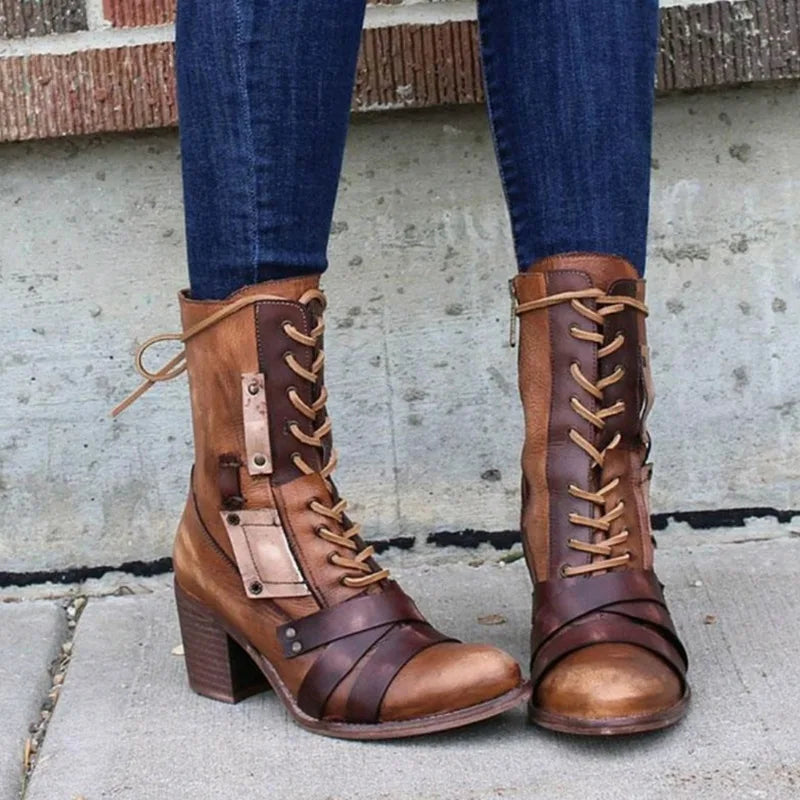 New Vintage Rivet Side Zipper Coarse Heel Motorcycle Women's Boot with Mid Sleeve Pointed Head High Heel Martin Boot SIZE35-43