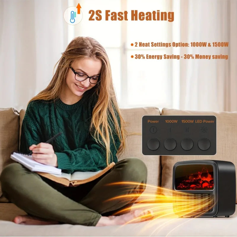 Electric Space Heater 1500W/1000W Quiet PTC Ceramic Portable Heater Small Electric Fireplace Heater Fan Fast Safety Heating