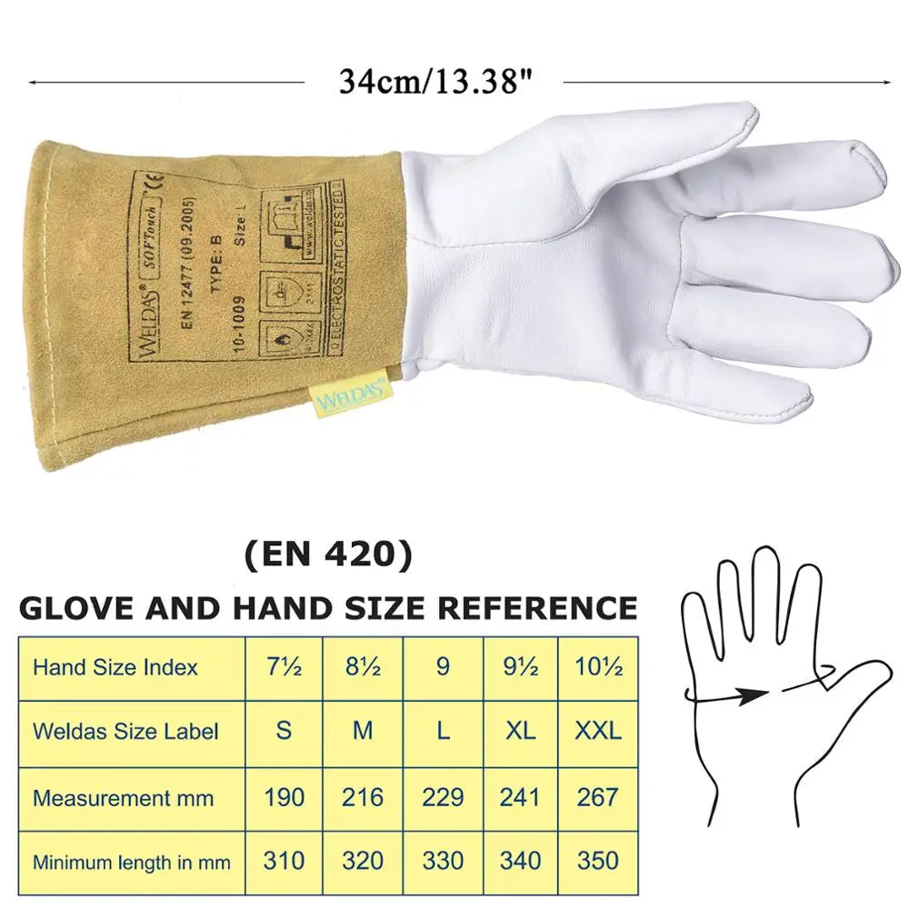 Pair TIG Welding Gloves 34cm(13.4") Goatskin Palm Cowhide Cuff Soft Sensitive Gloves CE Certificated WELDAS High Quality
