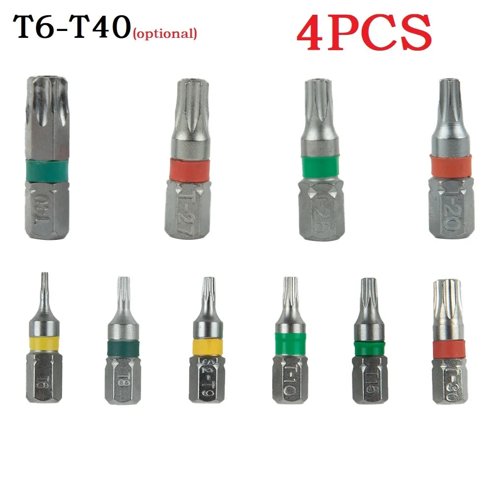 4Pcs 25mm T6-T40 Magnetic Torx Screwdriver Bits Set Electric Screwdriver Head T6/T8/T9/T10/T15/T20/T25/T27/T30/T35/T40 Hand Tool