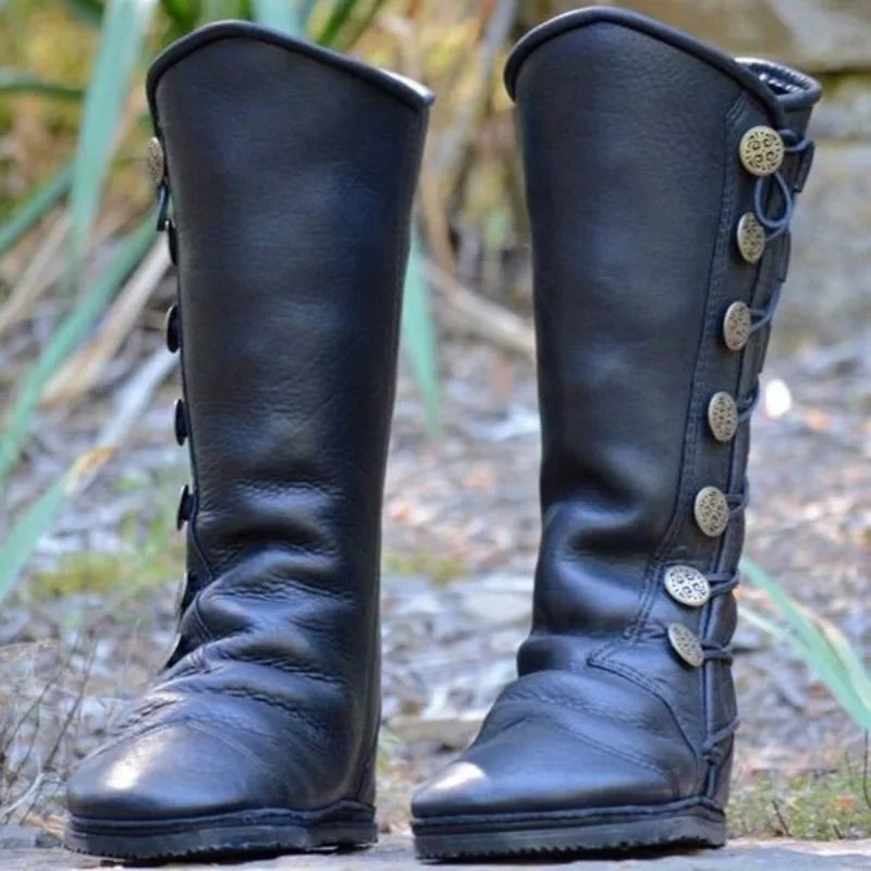 Autumn and Winter New Motorcycle Boots European and American Side Zipper High Tube Big Button Metal Decoration Women's Boots